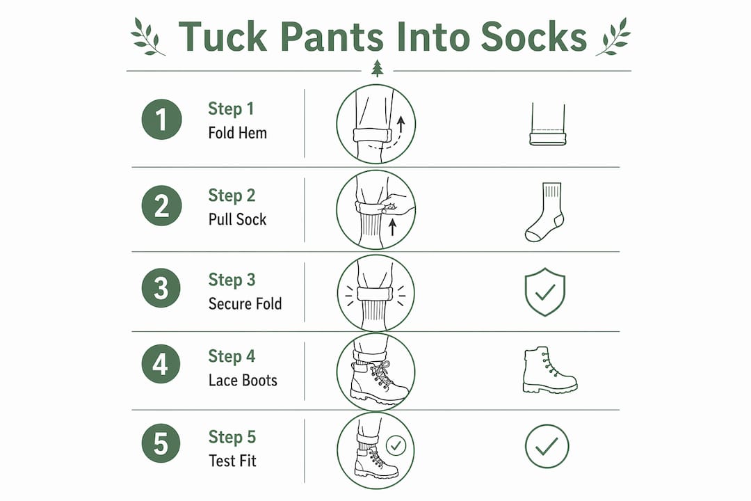 Infographic with 5-step process for tucking pants into socks