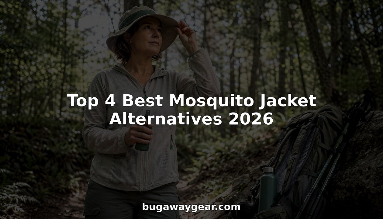 Woman in mesh jacket preparing for forest hike