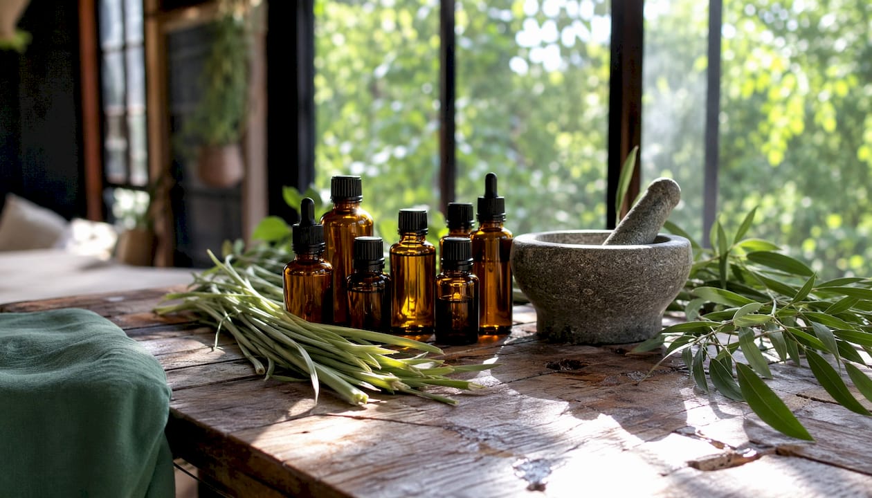 Essential oil bottles with natural ingredients