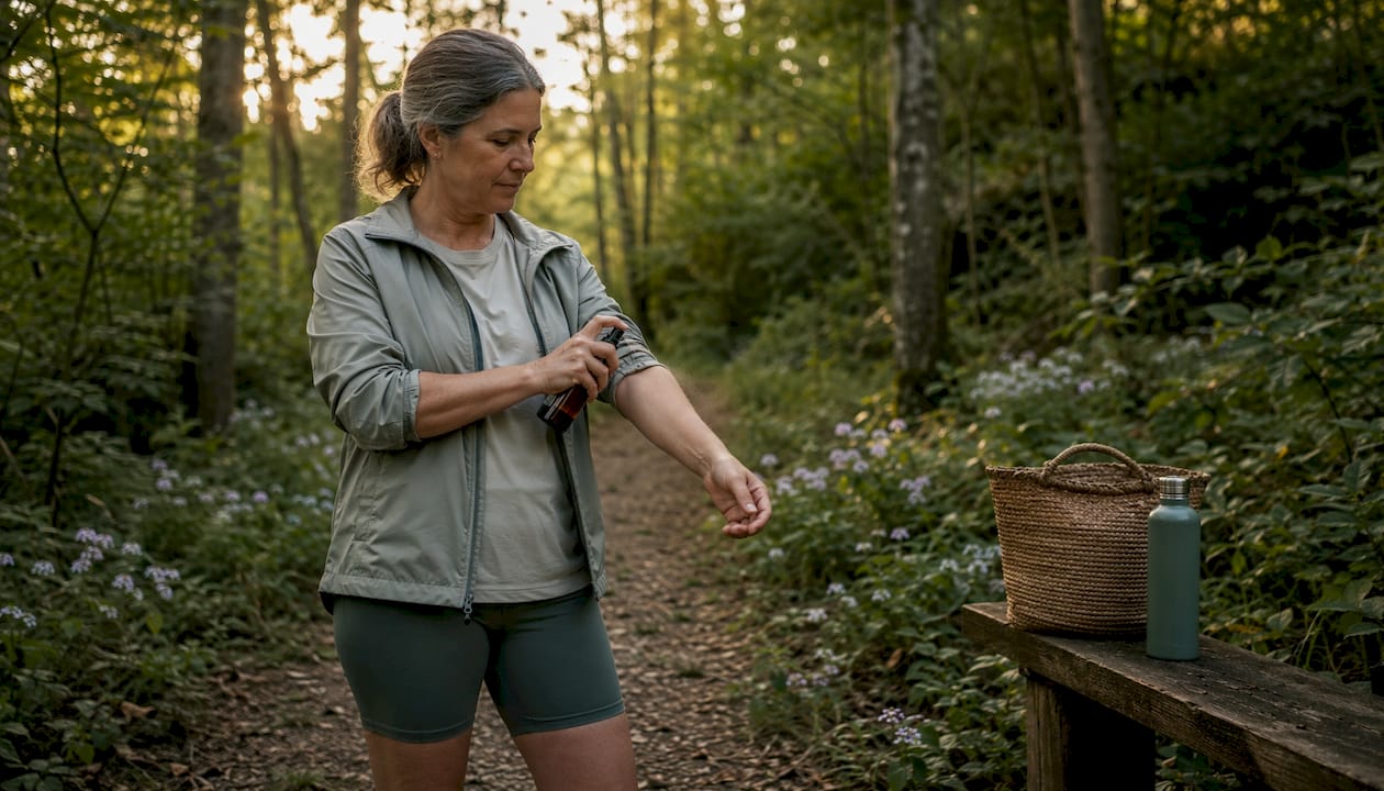Woman applying natural bug spray in forest