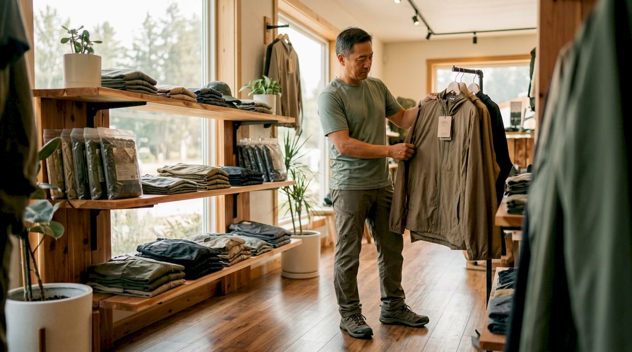 Customer examining mosquito net clothing brands in store