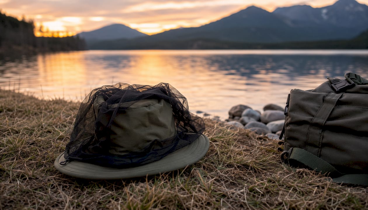 Dark mesh mosquito net draped over hiking hat on mossy rock