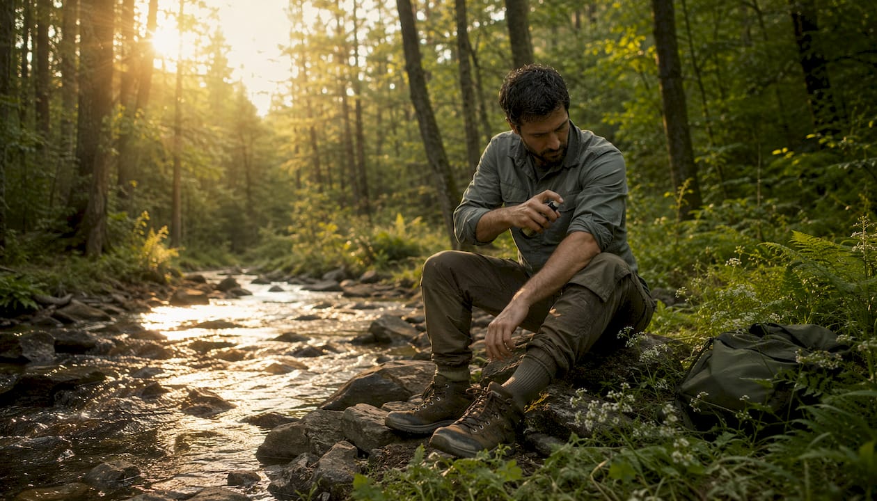 Hiker applying insect repellent outdoors