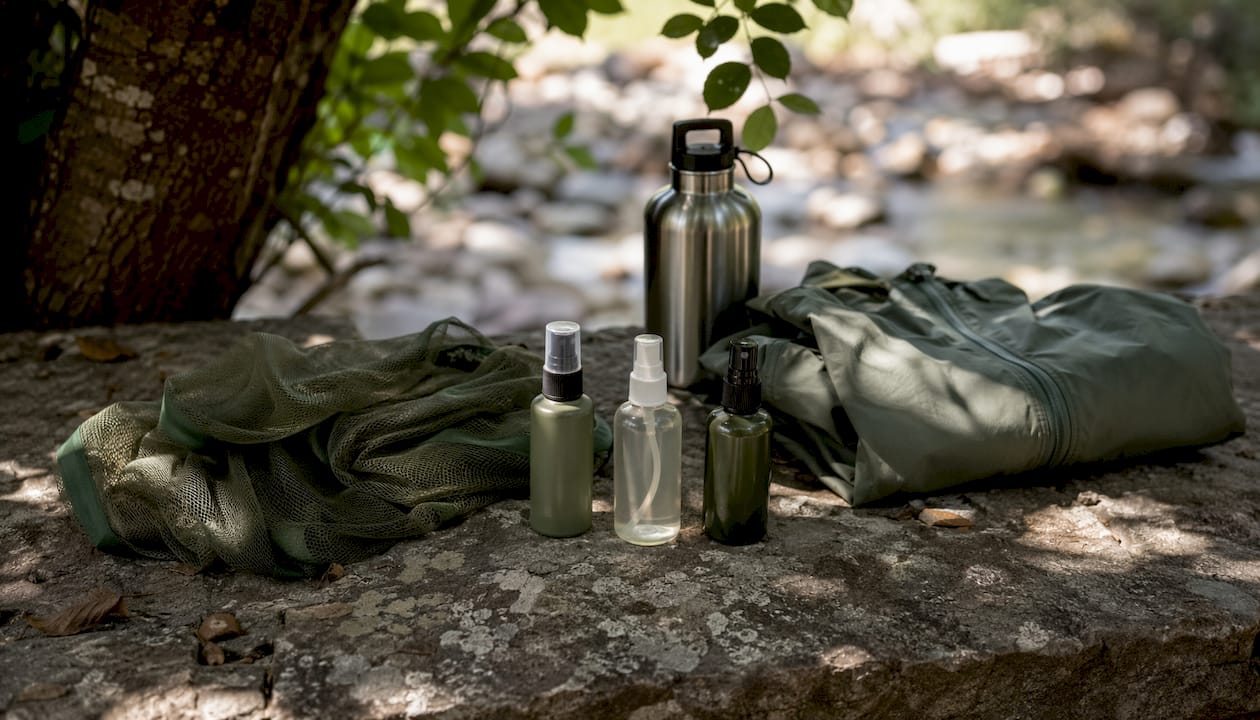 Outdoor insect repellents and gear laid out