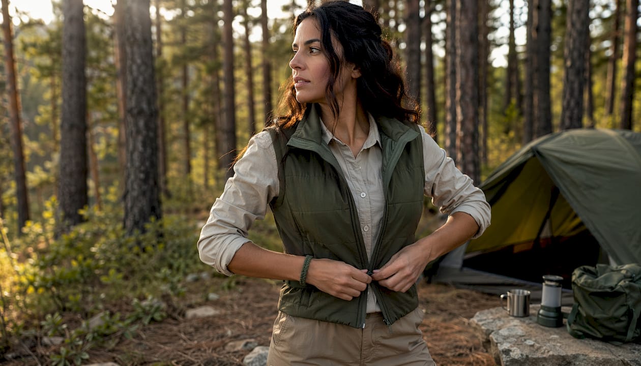 Hands tucking clothing for black fly protection