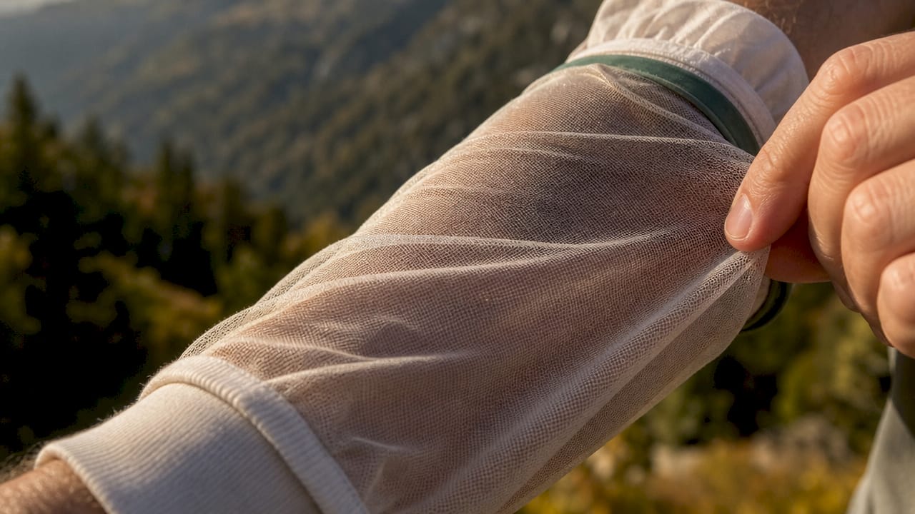 Close-up of fine mesh fabric on hiker’s arm