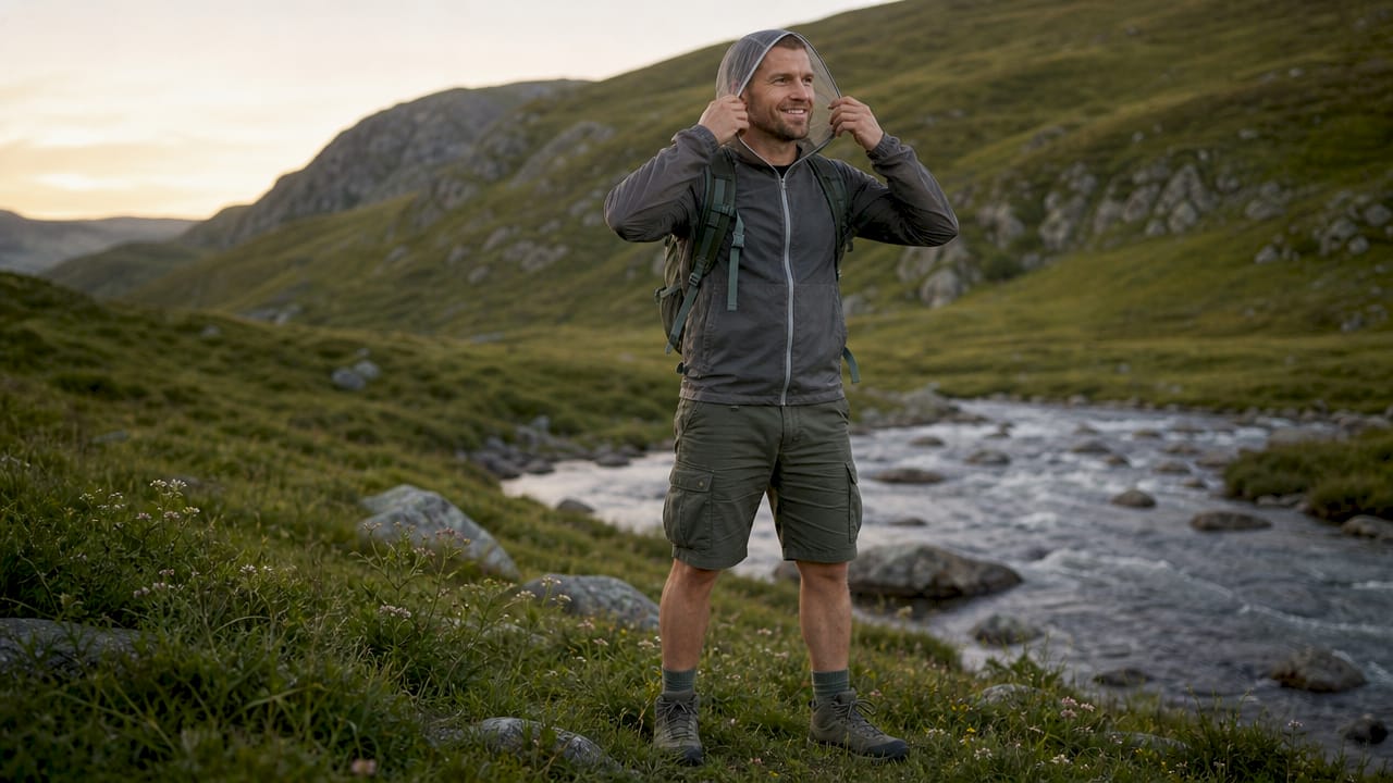 Male hiker adjusting bug jacket hood by stream