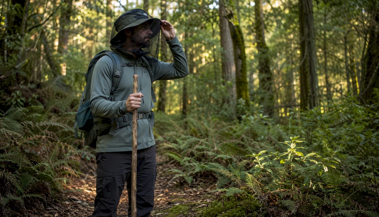 Hiker outdoors wearing black mesh head net