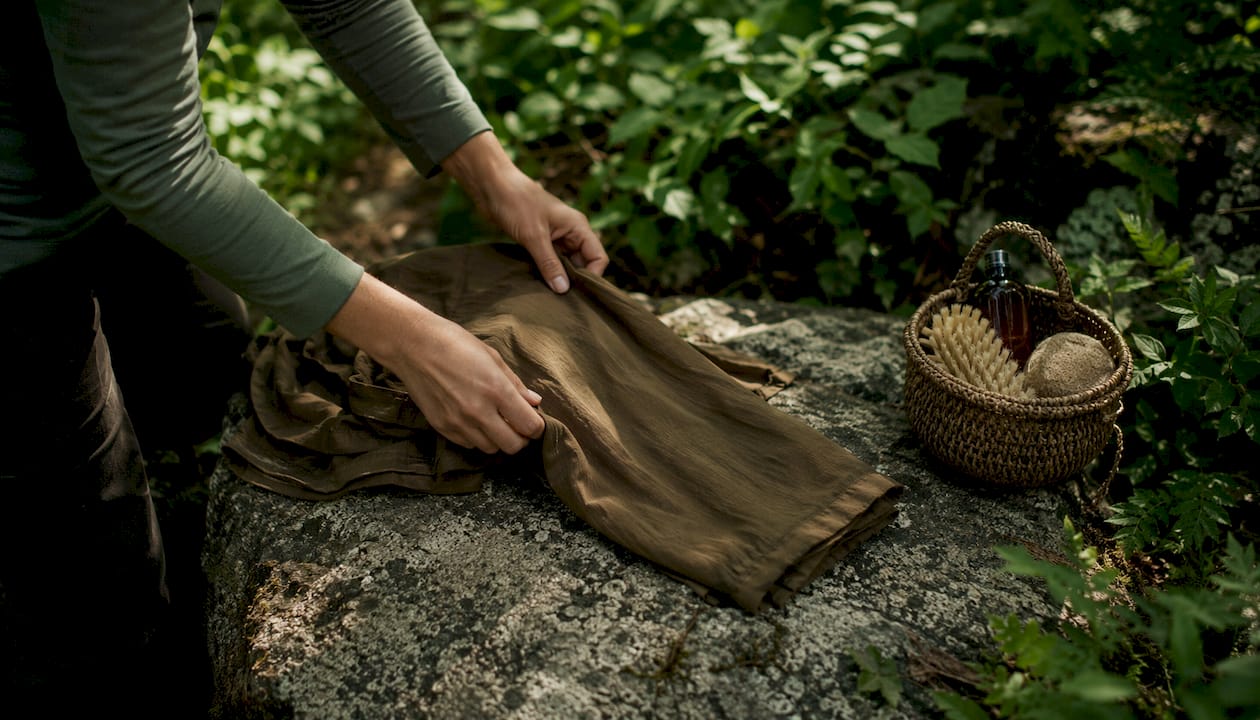 Hands handling permethrin-treated clothing over laundry table