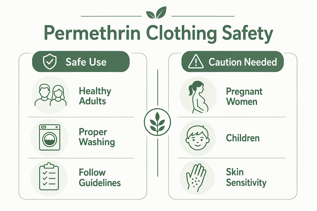 Infographic comparing safe use and caution groups for permethrin clothing
