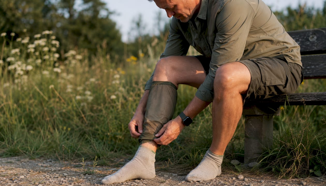 Person adjusting tick-protection pants cuff and treated socks