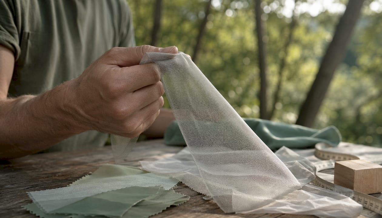 Hand holding tightly woven synthetic fabric mesh