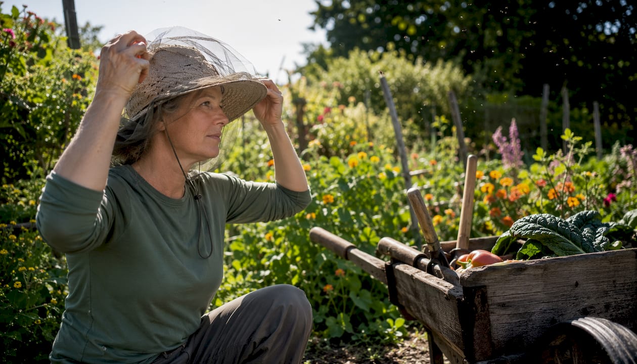 Woman wearing mesh head net outdoors