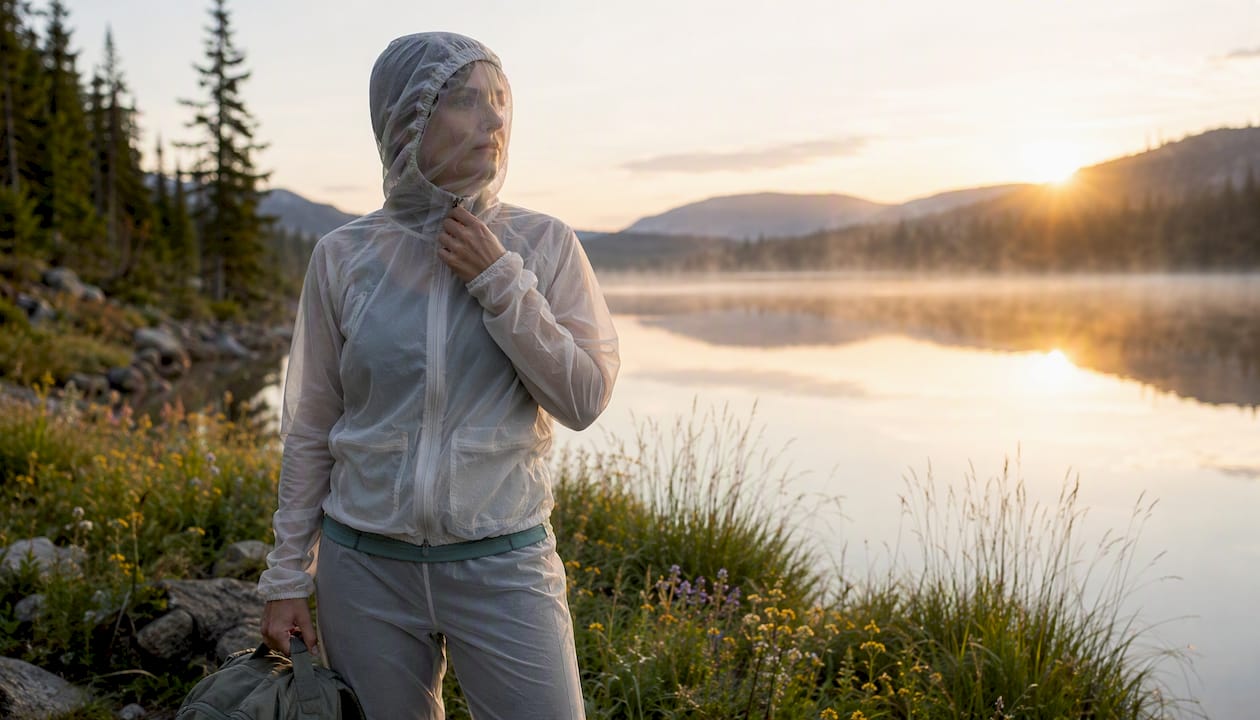 Woman in mesh midge protection outfit outdoors