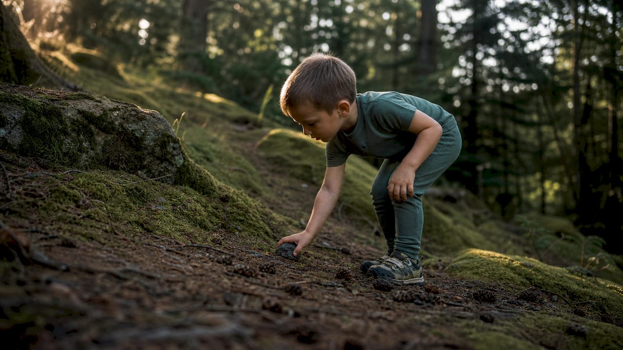 Child in mesh clothing hiking on forest trail