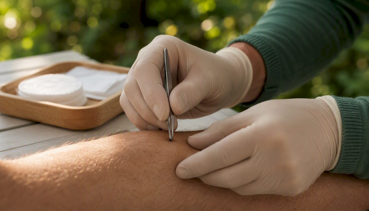 Close-up hands removing tick with tweezers safely