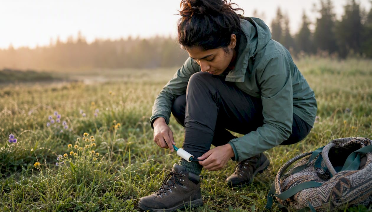 Woman checking pants with lint roller on trail