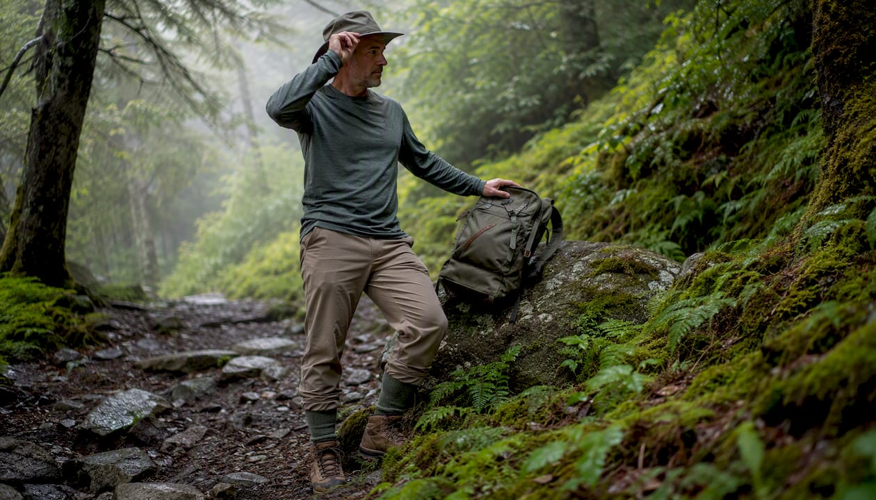 Hiker outdoors wearing protective clothing on trail