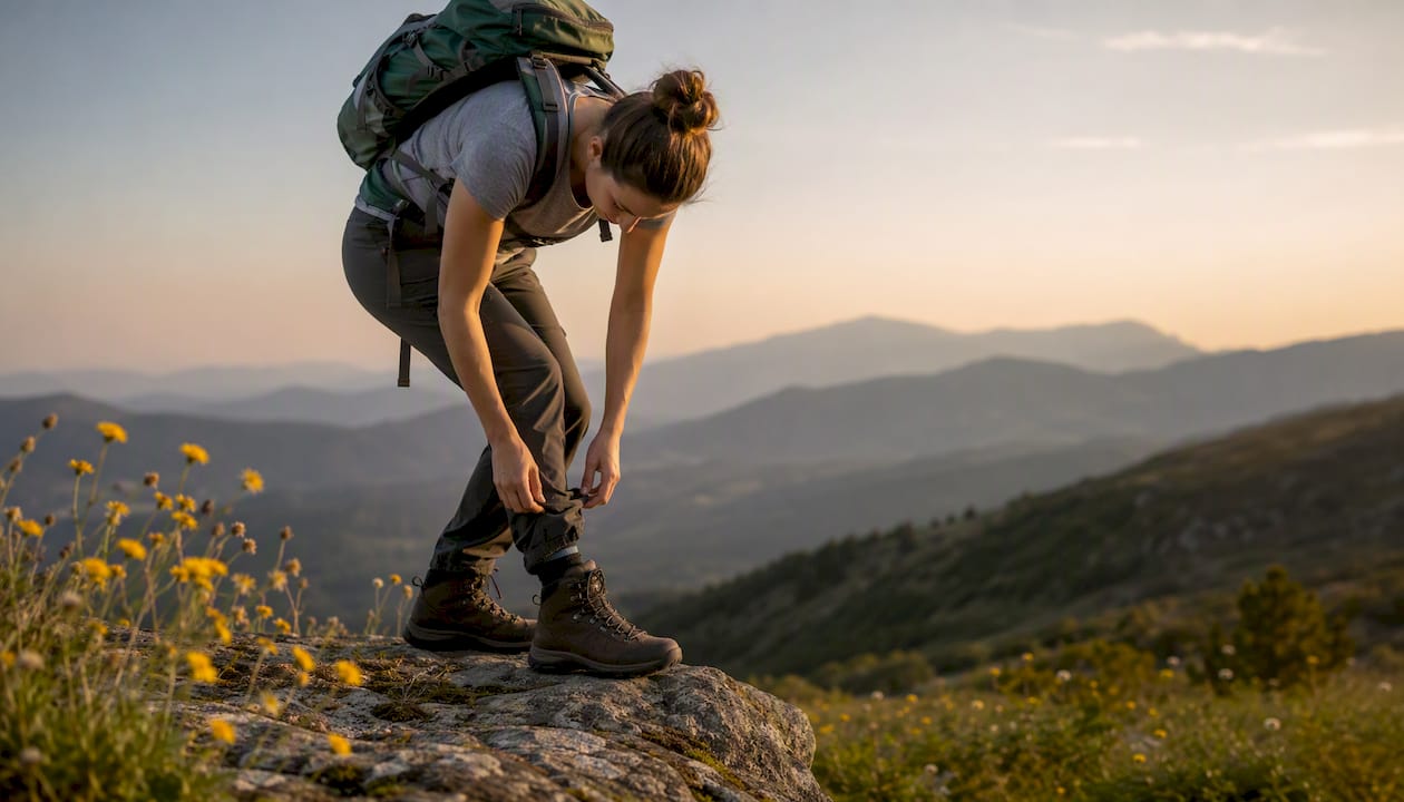 Close-up of hiker securing pant cuffs over socks outdoors