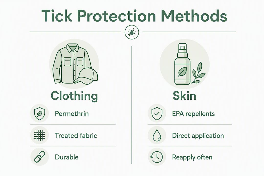 Infographic comparing clothing treatment and skin repellent for tick protection