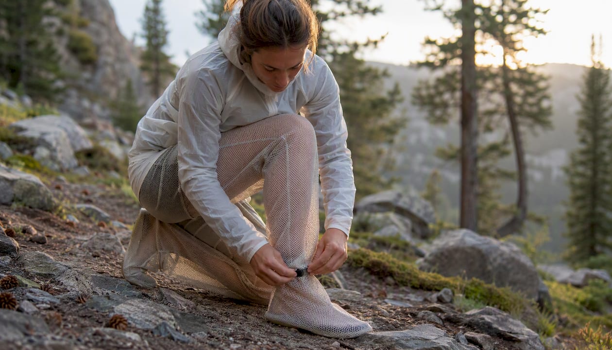 Hiker adjusting lightweight tick-blocking mesh pants