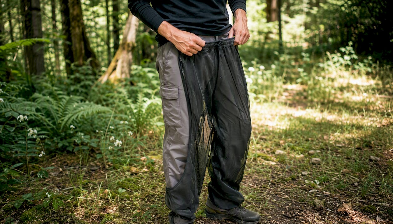 Hand pulling mesh bug over-pants over jeans