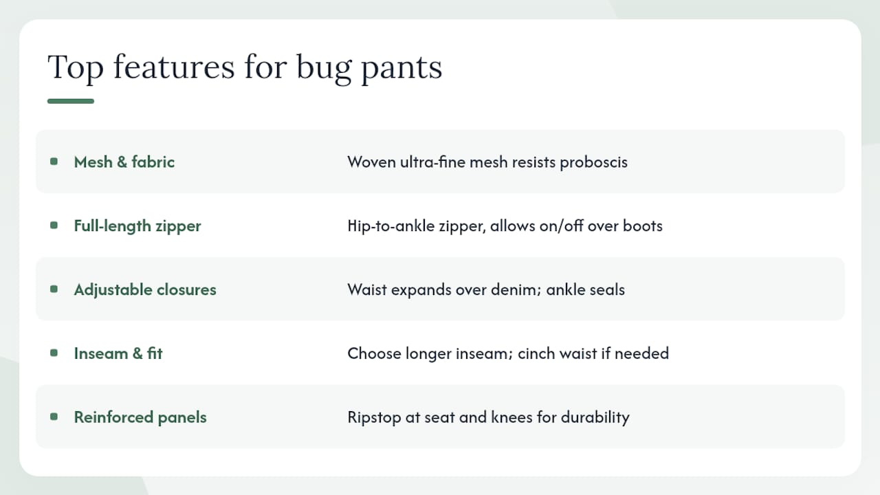 Comparison infographic of bug pants features