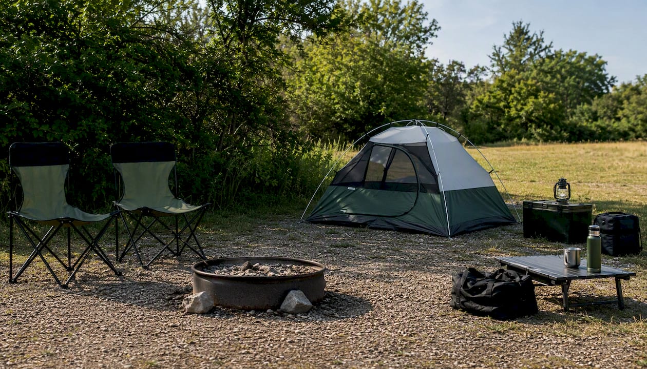 Low-risk campsite with short grass and gravel ground cover