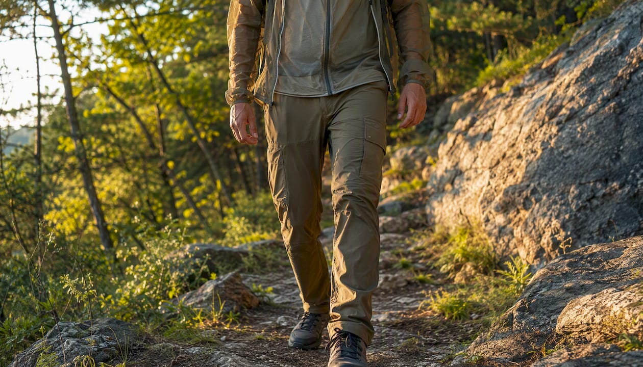 Hiker wearing layered insect-protection pants outdoors