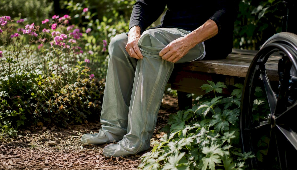 Wheelchair user adjusting mosquito-protection mesh pants outdoors