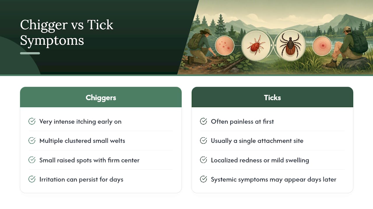 Diagram comparing chigger and tick bite symptoms and timing