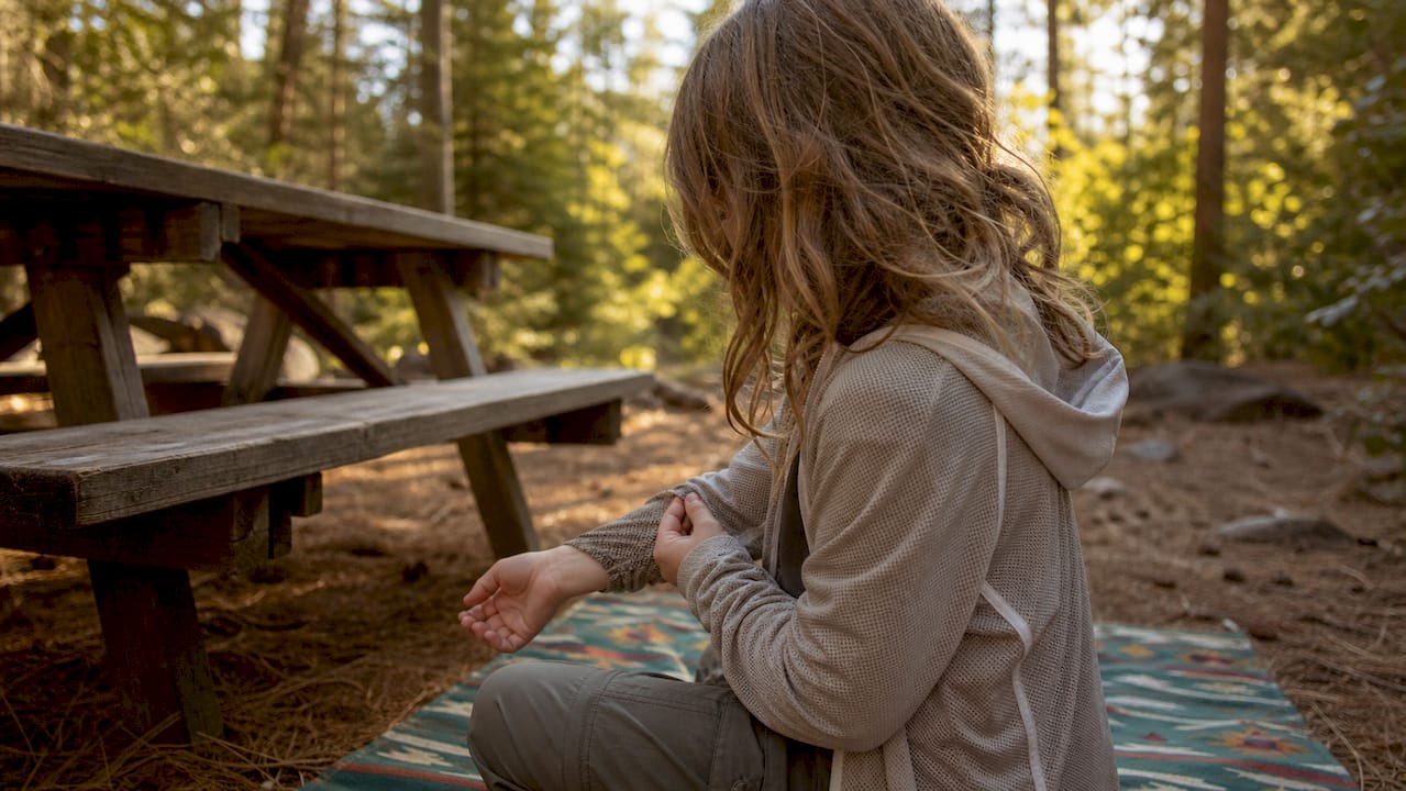 Child adjusting mesh sleeve at dusk campsite
