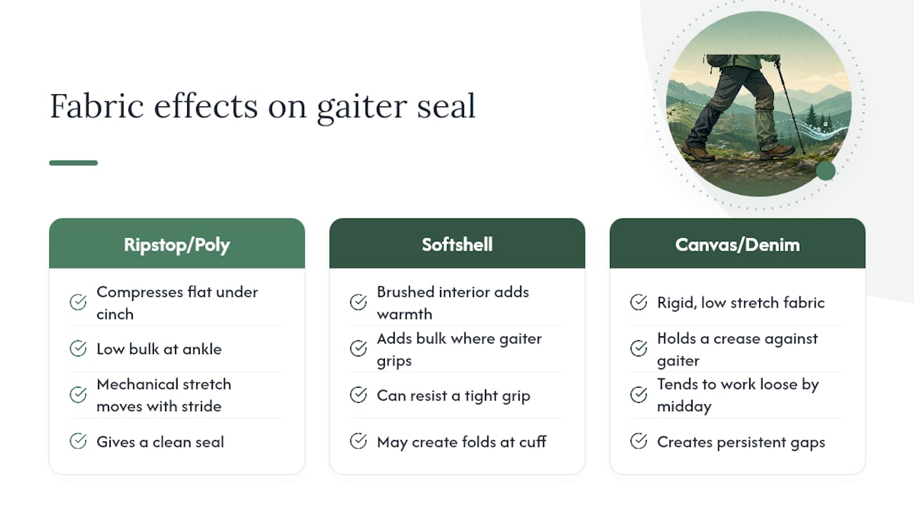 Diagram showing fabric properties vs gaiter fit