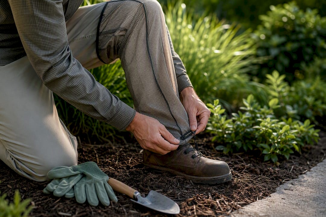 Landscaper checking mesh clothing in garden