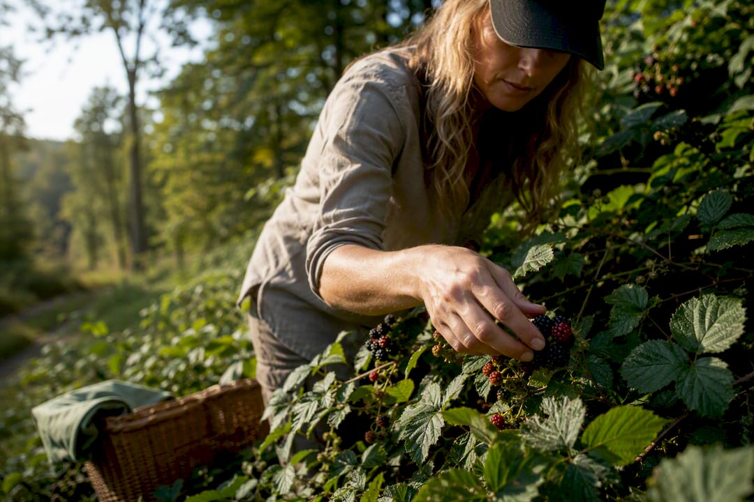 Berry picker gathering fruit in tick country