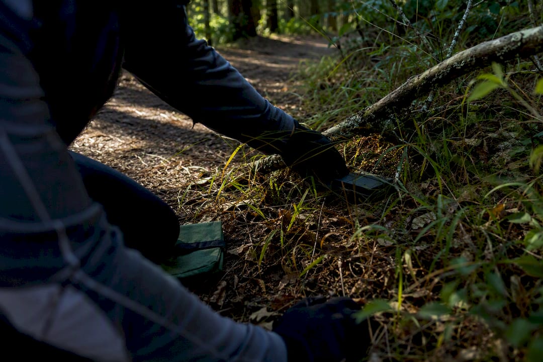 Geocacher searching brush beside woodland trail