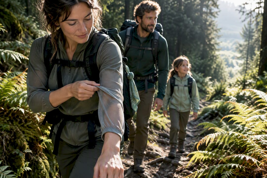 Family hiking through a forest trail