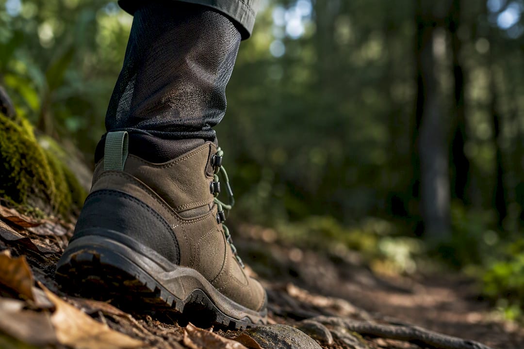 Fine mesh protecting hiker ankle on trail