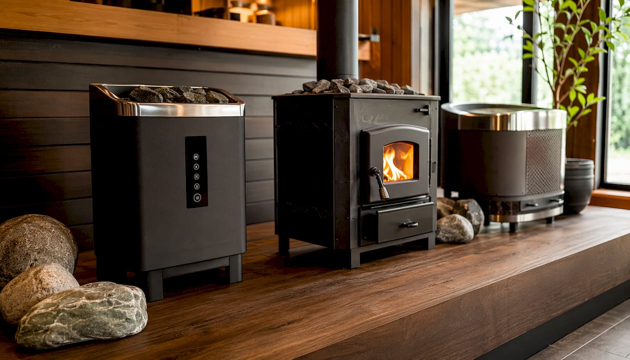 Various sauna heater models on showroom display