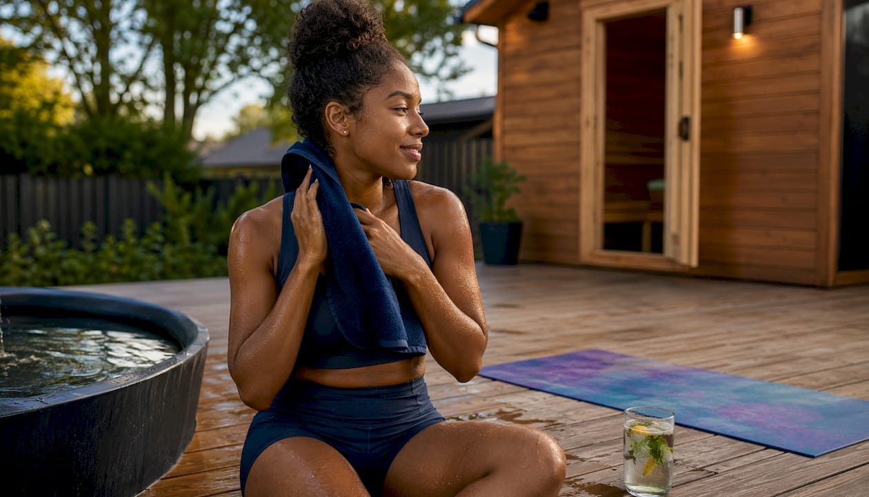 Woman drying off before cold plunge outdoor