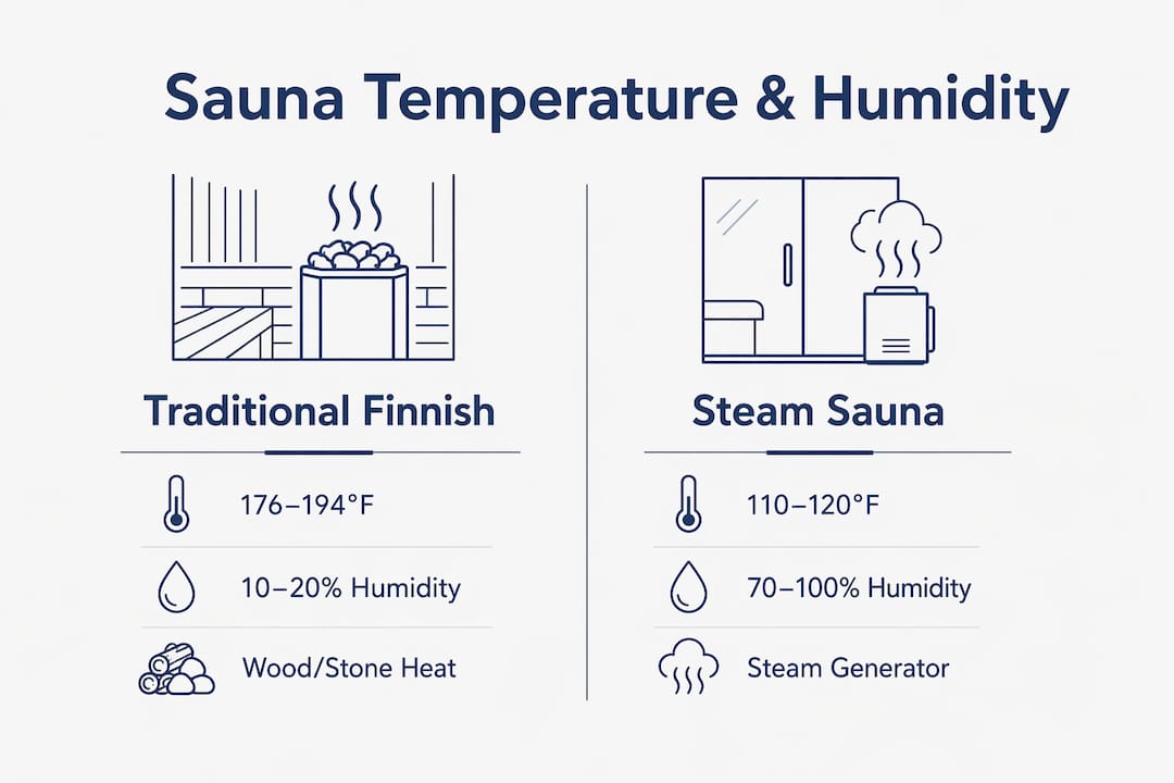 Infographic comparing sauna types temperatures and humidity