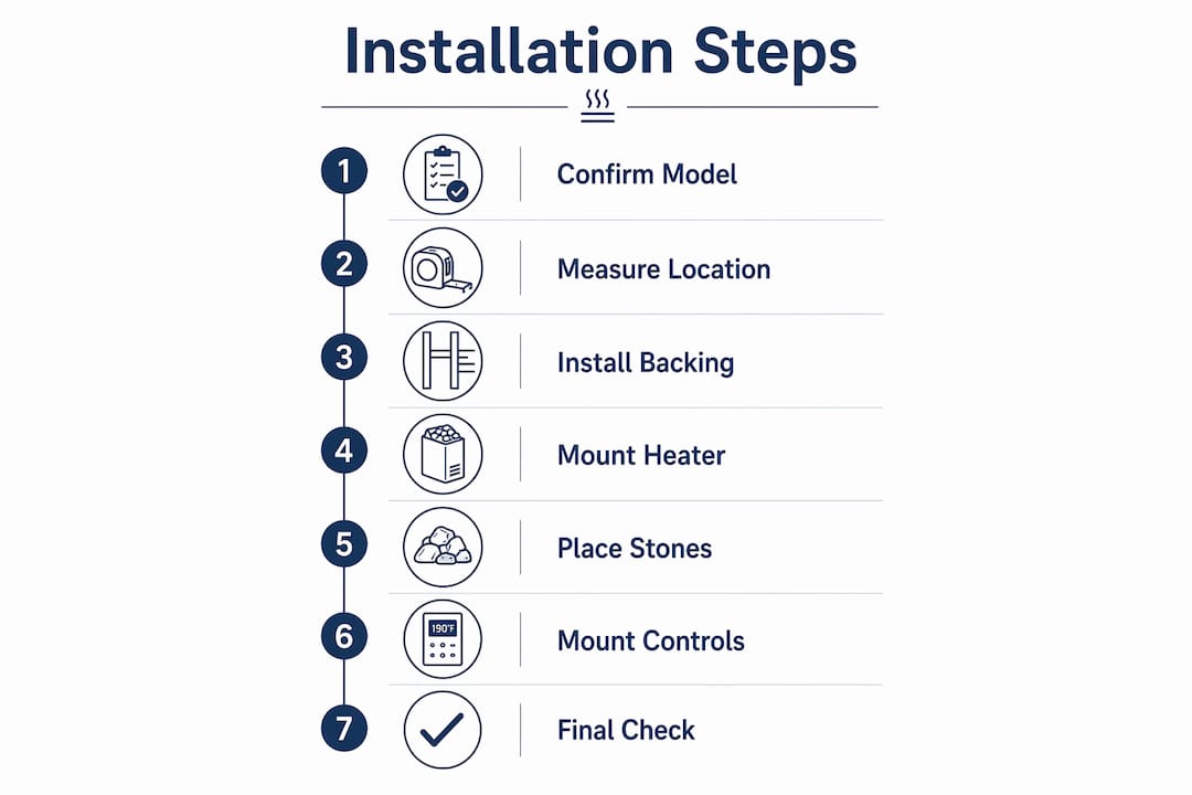Infographic showing sauna heater installation steps