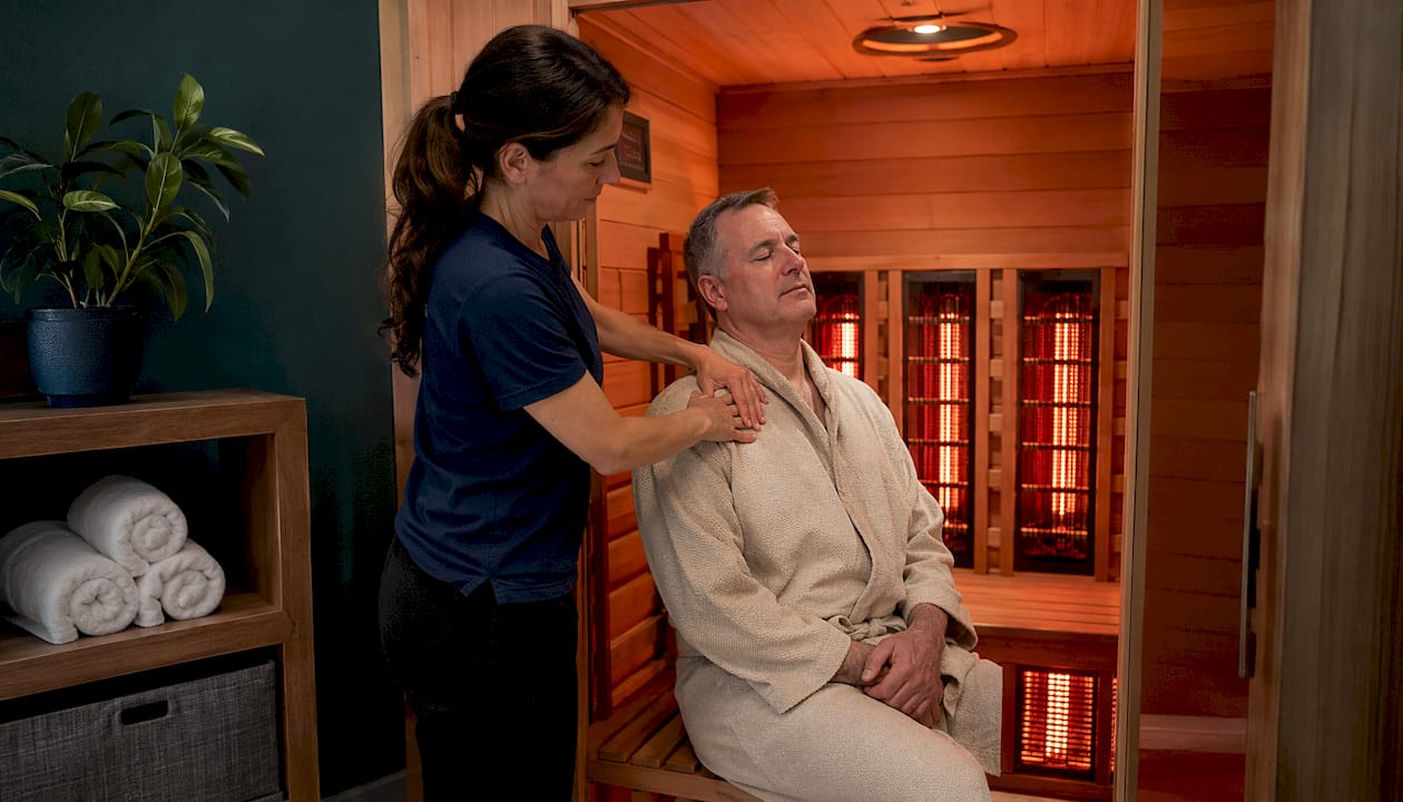 Therapist helping man in infrared sauna for recovery