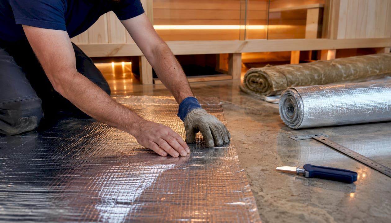 Hands laying vapor barrier on basement floor