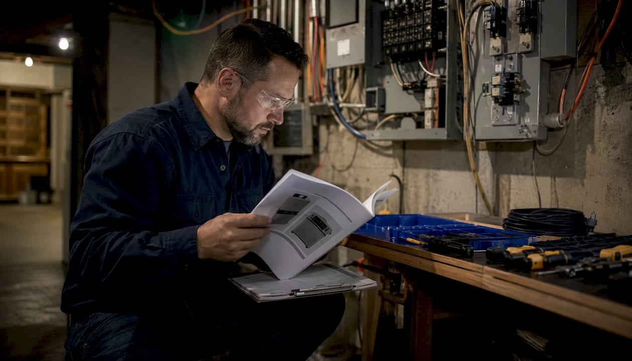 Electrician checking sauna heater specifications
