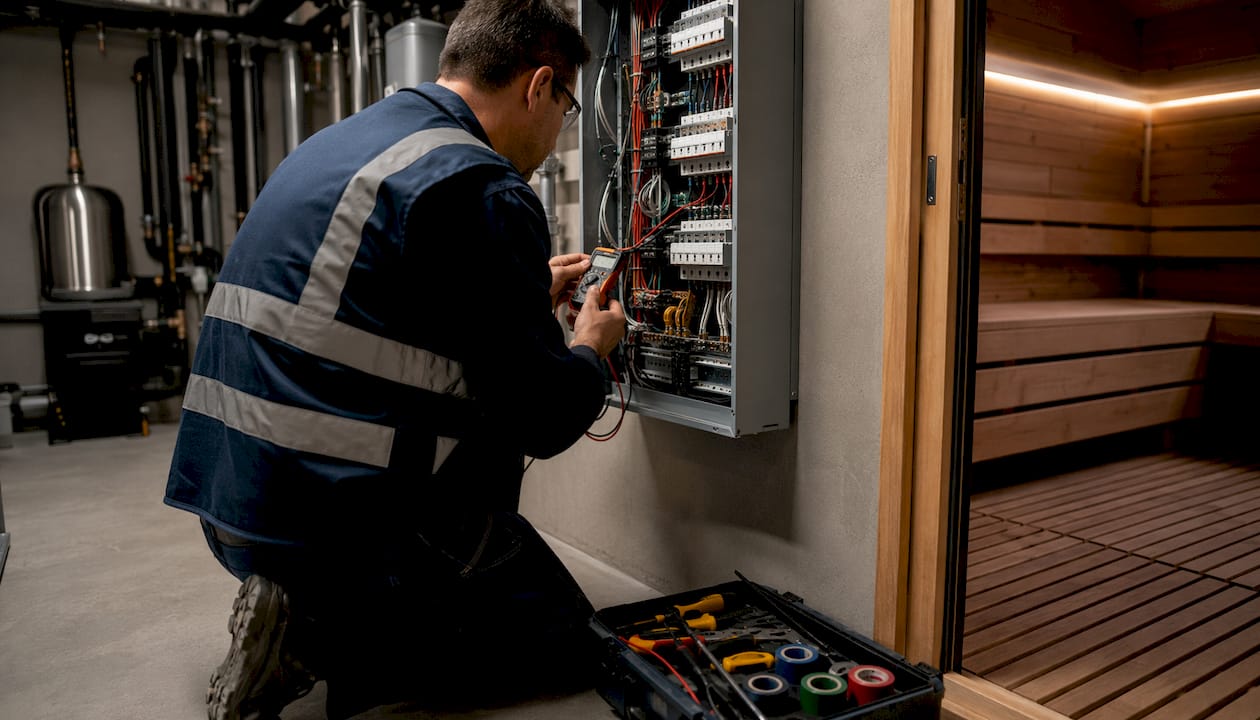 Electrician testing sauna electrical panel