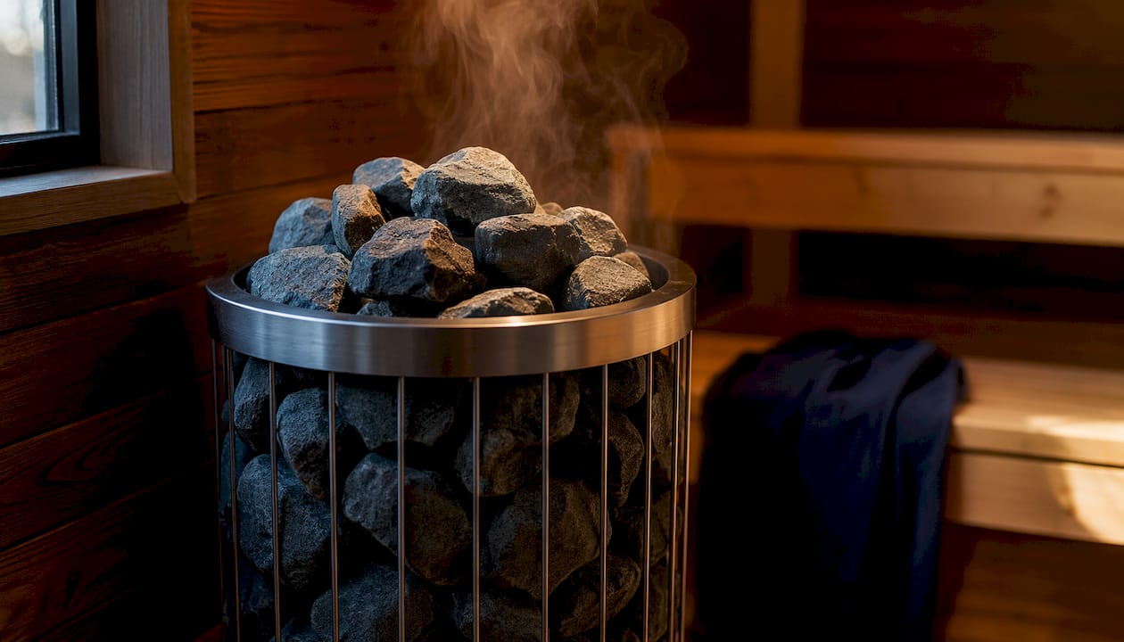 Close-up of floor-standing heated sauna stones