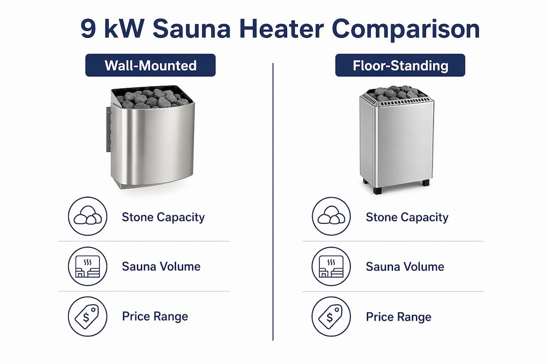 Comparison infographic of wall-mounted vs floor-standing sauna heaters
