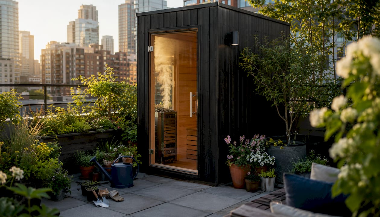 Compact sauna cube in backyard