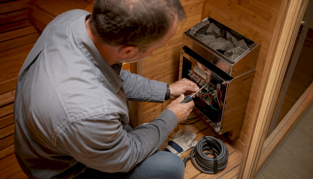 Technician installing sauna electric heater